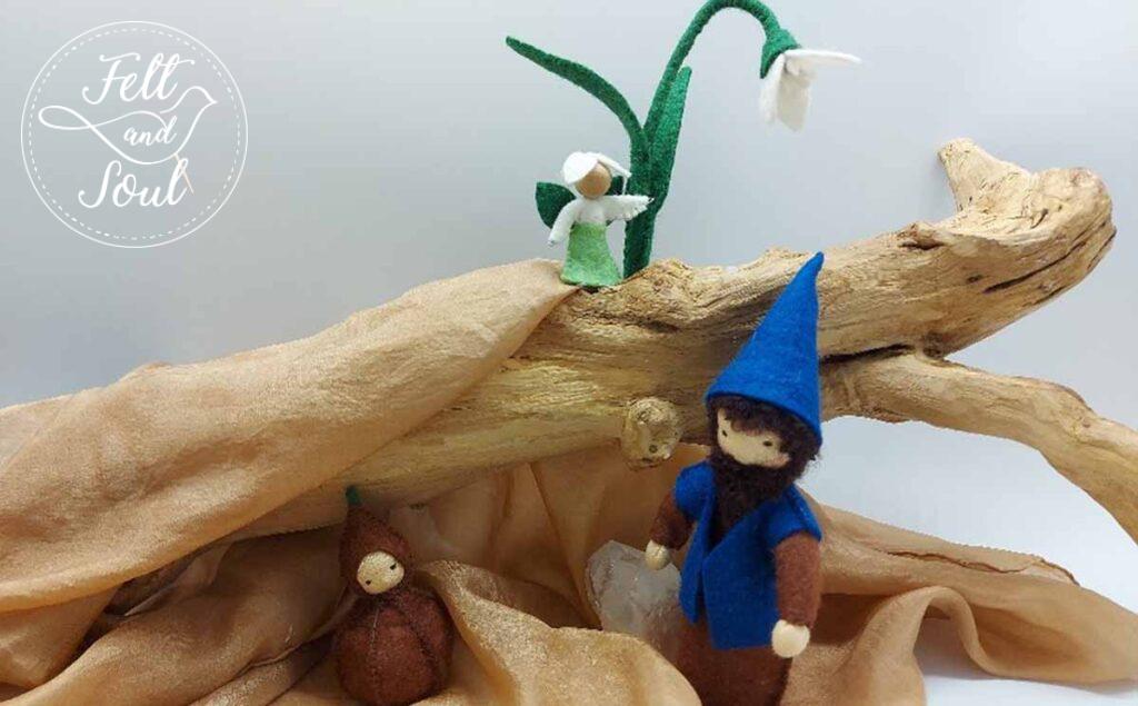 Felt and Soul Törpe, Hagyma baba, Hóvirág és Hóvirág tündér Hópihe tündér gyapjúfilc asztali bábok